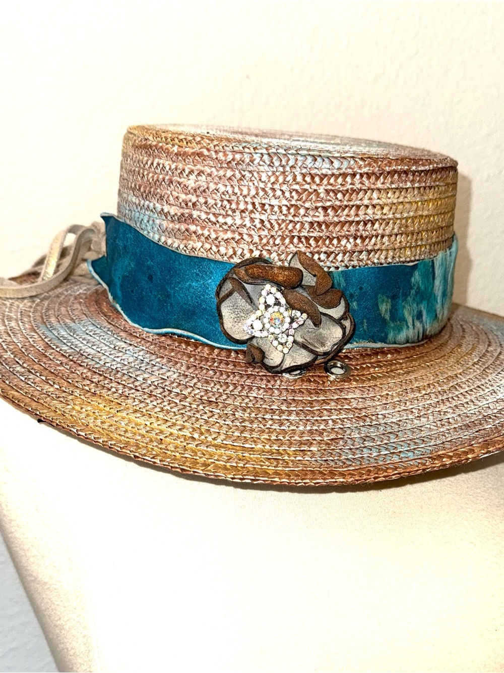 A Rare Bird- NWOT Woven Straw Boater Hat hand painted with Teal Band and Floral